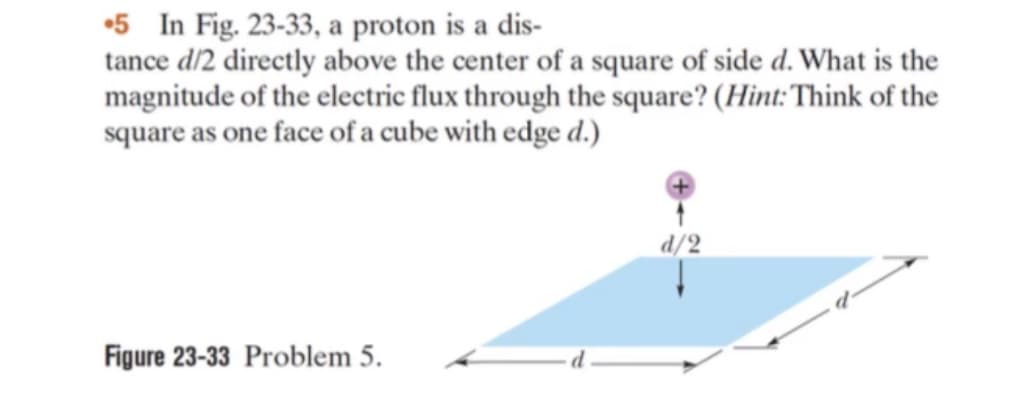 •5 In Fig. 23-33, a proton is a dis-
tance d/2 directly above the center of a square of side d. What is the
magnitude of the electric flux through the square? (Hint:Think of the
square as one face of a cube with edge d.)
d/2
Figure 23-33 Problem 5.
