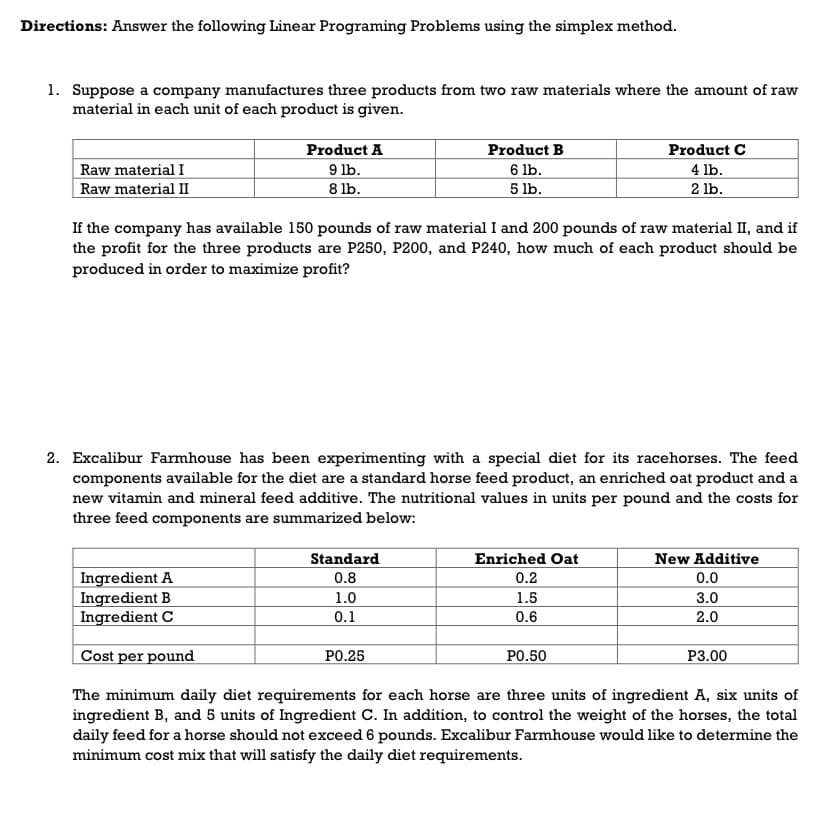 Directions: Answer the following Linear Programing Problems using the simplex method.
1. Suppose a company manufactures three products from two raw materials where the amount of raw
material in each unit of each product is given.
Product A
9 lb.
8 lb.
Product B
6 lb.
5 lb.
Product C
Raw material I
Raw material II
4 lb.
2 lb.
If the company has available 150 pounds of raw material I and 200 pounds of raw material II, and if
the profit for the three products are P250, P200, and P240, how much of each product should be
produced in order to maximize profit?
2. Excalibur Farmhouse has been experimenting with a special diet for its racehorses. The feed
components available for the diet are a standard horse feed product, an enriched oat product and a
new vitamin and mineral feed additive. The nutritional values in units per pound and the costs for
three feed components are summarized below:
Standard
Enriched Oat
New Additive
Ingredient A
Ingredient B
Ingredient C
0.8
0.2
0.0
1.0
1.5
3.0
0.1
0.6
2.0
Cost per pound
PO.25
PO.50
P3.00
The minimum daily diet requirements for each horse are three units of ingredient A, six units of
ingredient B, and 5 units of Ingredient C. In addition, to control the weight of the horses, the total
daily feed for a horse should not exceed 6 pounds. Excalibur Farmhouse would like to determine the
minimum cost mix that will satisfy the daily diet requirements.
