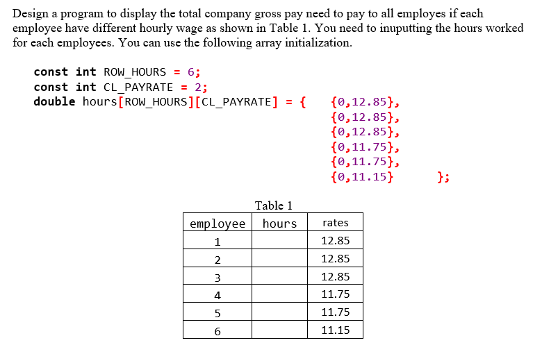 Design a program to display the total company gross pay need to pay to all employes if each
employee have different hourly wage as shown in Table 1. You need to inuputting the hours worked
for each employees. You can use the following array initialization.
const int ROW_HOURS = 6;
const int CL_PAYRATE = 2;
double hours[ROW_HOURS][CL_PAYRATE] = {
{0,12.85},
{0,12.85},
{0,12.85},
{0,11.75},
{0,11.75},
{0,11.15}
};
Table 1
employee hours
rates
1
12.85
2
12.85
3
12.85
4
11.75
11.75
11.15
LO
