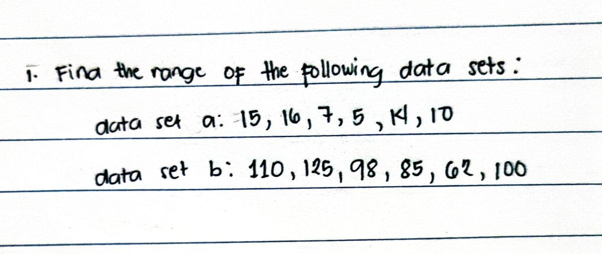 1. Find the range of the following data sets:
data set a: 15, 16, 7, 5, 14, 10
data set b: 110, 125, 98, 85, 62, 100