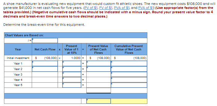 A shoe manufacturer is evaluating new equipment that would custom fit athletic shoes. The new equipment costs $108.000 and will
generate $41,000 in net cash flows for five years. (PV of $1. FV of $1, PVA of $1, and FVA of $1) (Use appropriate factor(s) from the
tables provlded.) (Negatlve cumulative cash flows should be Indicated with a minus sign. Round your present value factor to 4
decimals and break-even time answers to two declmal places.)
Determine the break-even time for this equipment.
Chart Values are Based on:
Present
Value of 1
Present Value
Cumulative Present
Year
Net Cash Flow x
of Net Cash
Value of Net Cash
at 10%
Flows
Flows
Initial investment
(108,000) x
1.0000 =
(108.000)
(108,000)
Year 1
=
Year 2
Year 3
Year 4
Year 5
