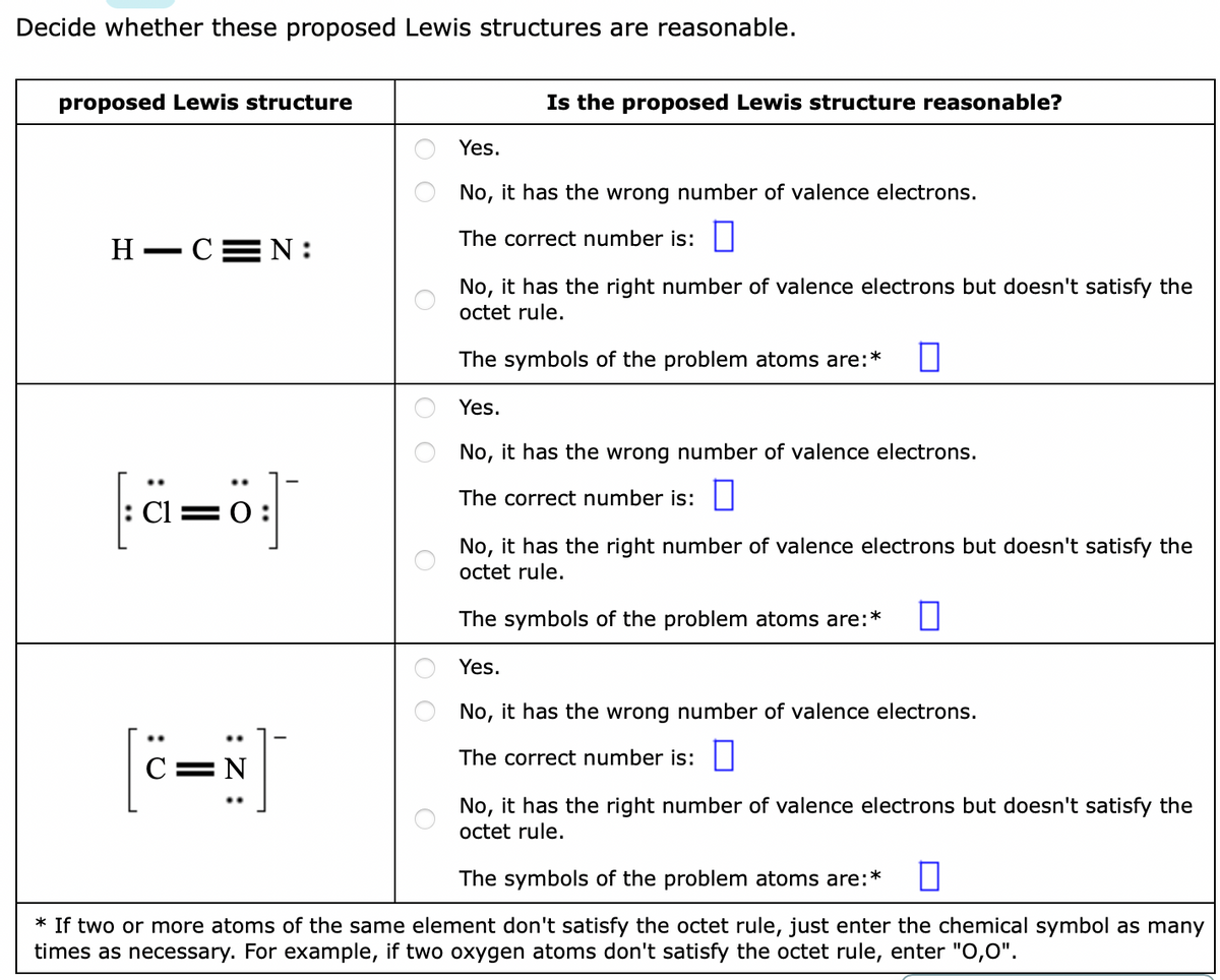 Decide whether these proposed Lewis structures are reasonable.
proposed Lewis structure
Is the proposed Lewis structure reasonable?
Yes.
No, it has the wrong number of valence electrons.
The correct number is: ||
H - CEN:
No, it has the right number of valence electrons but doesn't satisfy the
octet rule.
The symbols of the problem atoms are:*
Yes.
No, it has the wrong number of valence electrons.
fä=ö]
The correct number is:|
: Cl=0
No, it has the right number of valence electrons but doesn't satisfy the
octet rule.
The symbols of the problem atoms are:*
Yes.
No, it has the wrong number of valence electrons.
The correct number is: ||
No, it has the right number of valence electrons but doesn't satisfy the
octet rule.
The symbols of the problem atoms are:*
* If two or more atoms of the same element don't satisfy the octet rule, just enter the chemical symbol as many
times as necessary. For example, if two oxygen atoms don't satisfy the octet rule, enter "O,0".
Z :
