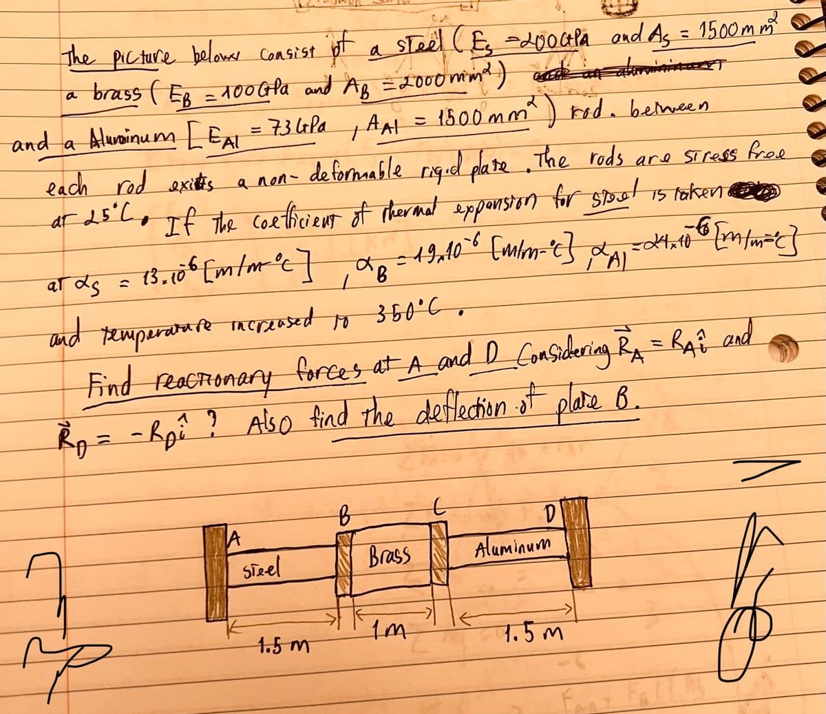 The picture below Consist
a brass ( EB = 100 Gla and AB
and a Aluminum [ EA₁ = 73GPa | AA!
each red exists a non- deformable rigid plate. The rods are stress free
at 25°C. If the coefficient of thermal expansion for staat is taken
13.106 [m/m°c ]
of
a steel (E₂ -200CHPA and As = 1500mm ²
= 2000 mind)
JAT
aluminiscent
2
= 1500 mm ² ) kod between
at ds
and temperature increased to
up
re increased to 350°C.
A
steel
Find reactionary forces at A_and_D_ Considering RA = Rai and
Rp = - Rp₁" ? Also find the deflection of plate B.
1.5 m
a
18 = 19,10`6 [m/m="c] α = 24,10 €
AL
B
Brass
Im
t
D
Aluminum
1.5m
[m/m="c}
Fant Fall
=
$6