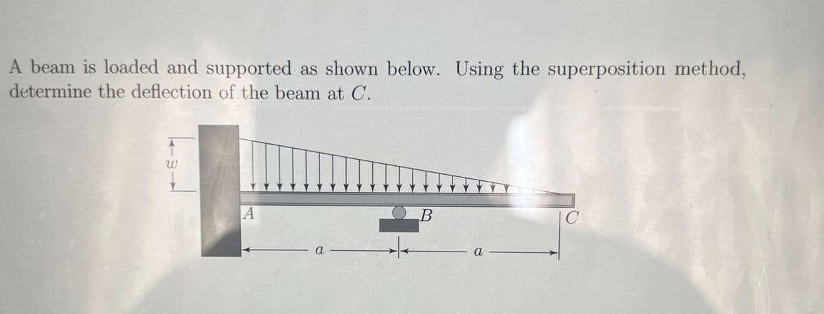 A beam is loaded and supported as shown below. Using the superposition method,
determine the deflection of the beam at C.
W
1
A
a
B
a -
C