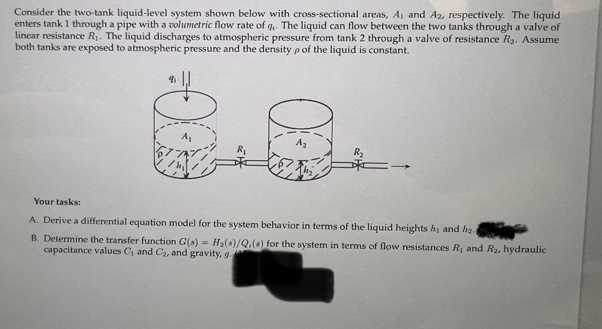 Consider the two-tank liquid-level system shown below with cross-sectional areas, A₁ and A2, respectively. The liquid
enters tank 1 through a pipe with a volumetric flow rate of q. The liquid can flow between the two tanks through a valve of
linear resistance R₁. The liquid discharges to atmospheric pressure from tank 2 through a valve of resistance R₂. Assume
both tanks are exposed to atmospheric pressure and the density p of the liquid is constant.
Your tasks:
91
00
A₁
/hi
R₁
A2
The
R₂
C-
A. Derive a differential equation model for the system behavior in terms of the liquid heights h₁ and h2.
B. Determine the transfer function G(s) = H₂(s)/Q₁(s) for the system in terms of flow resistances R₁ and R₂, hydraulic
capacitance values C₁ and C2, and gravity, g. (1