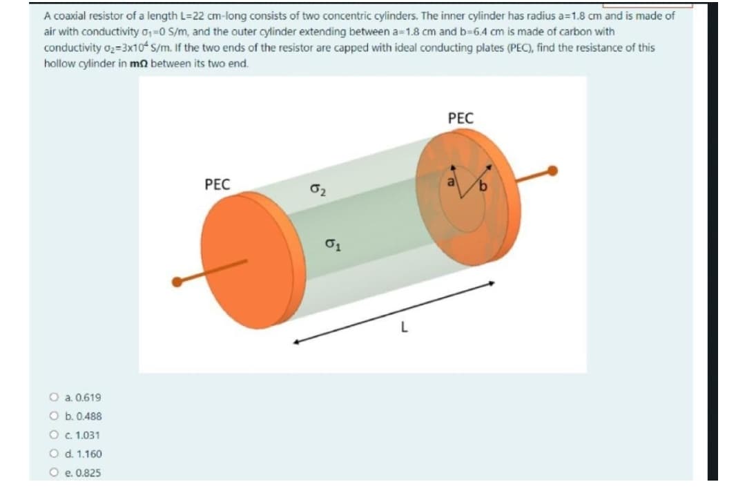 A coaxial resistor of a length L=22 cm-long consists of two concentric cylinders. The inner cylinder has radius a=1.8 cm and is made of
air with conductivity o, =0 S/m, and the outer cylinder extending between a=1.8 cm and b%3D6.4 cm is made of carbon with
conductivity o2=3x10 S/m. If the two ends of the resistor are capped with ideal conducting plates (PEC), find the resistance of this
hollow cylinder in mn between its two end.
PEC
PEC
02
O a. 0.619
O b. 0.488
O. 1.031
O d. 1.160
O e. 0.825
