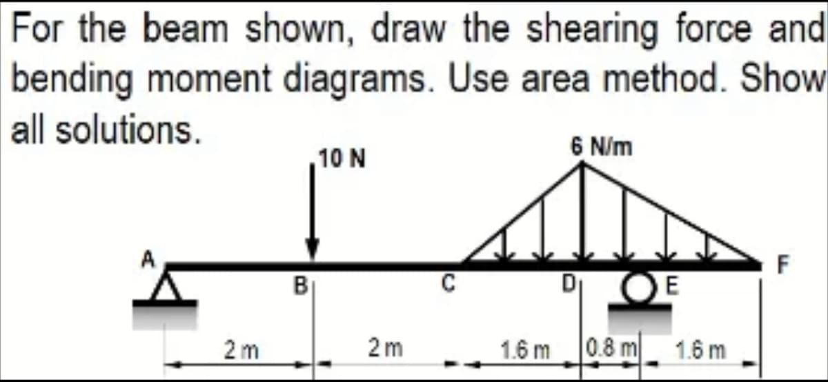 For the beam shown, draw the shearing force and
bending moment diagrams. Use area method. Show
all solutions.
6 N/m
10 N
F
B
D
2 m
2m
1.6 m
0.8 m
1.6 m
