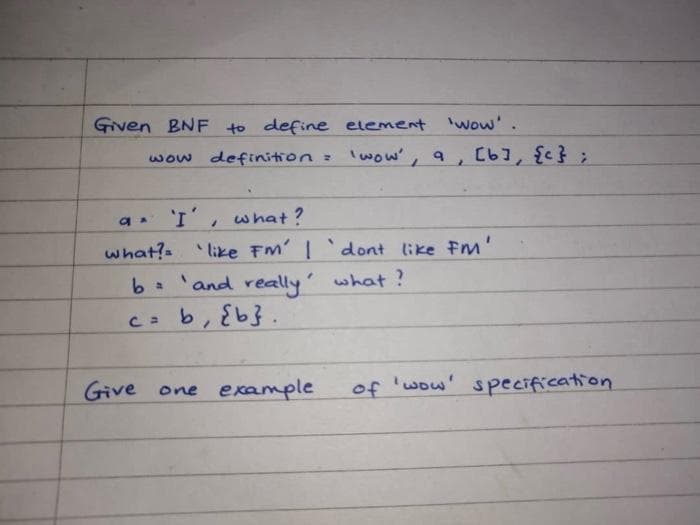 Given BNF to define element 'wow'.
wow definition : lwow', a, C6], {};
'I', what?
what?- "like Fm' `dont like Fnm'
b 'and really' what?
b,93.
Give one example
of 'wow' specification
