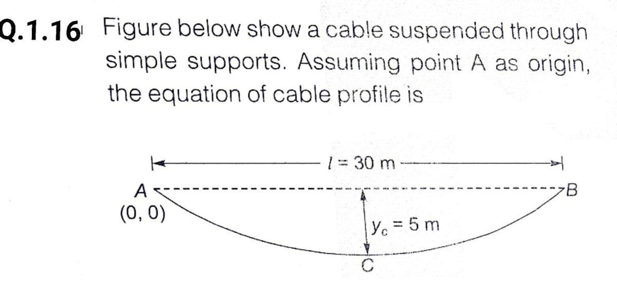 Q.1.16 Figure below show a cable suspended through
simple supports. Assuming point A as origin,
the equation of cable profile is
1= 30 m
A
B
(0, 0)
Yc = 5 m
%3D
