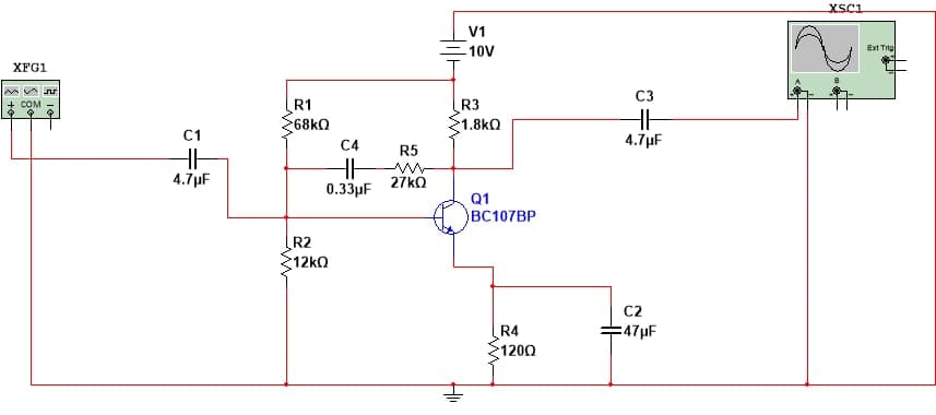 XSCL
V1
Ext Trig
10V
XFG1
C3
COM
R1
R3
68KQ
1.8kQ
C1
4.7µF
C4
R5
4.7µF
27KO
0.33µF
Q1
ВС107ВР
R2
12kQ
C2
=47µF
R4
1200
