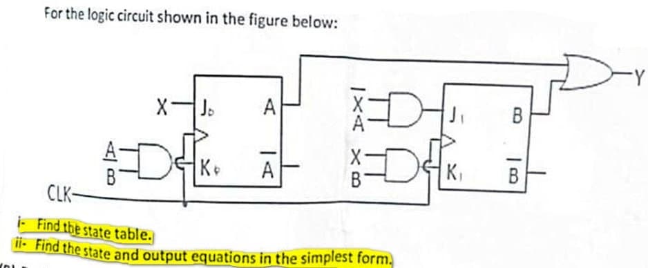 For the logic circuit shown in the figure below:
X-Jo
A
XD
J₁
B
A-
Ke
A
-D
K₁
B
CLK-
i-Find the state table.
ii- Find the state and output equations in the simplest form.
