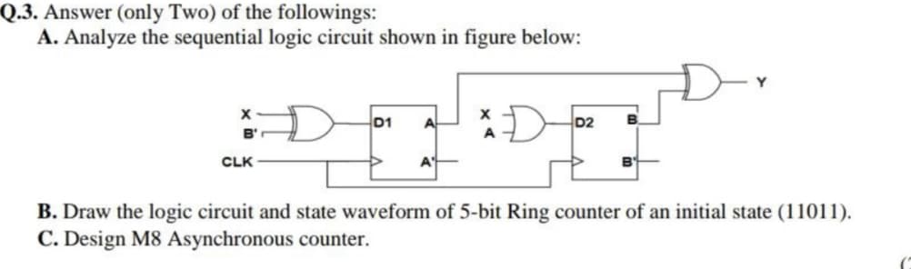 Q.3. Answer (only Two) of the followings:
A. Analyze the sequential logic circuit shown in figure below:
x
x
D1
A
D2
A
CLK
A
B. Draw the logic circuit and state waveform of 5-bit Ring counter of an initial state (11011).
C. Design M8 Asynchronous counter.