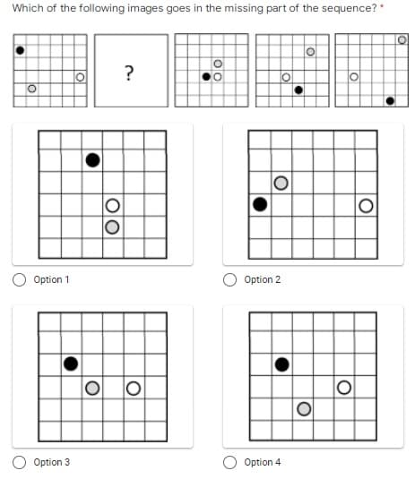 Which of the following images goes in the missing part of the sequence? *
?
O
o
Option 1
Option 3
O
O
OO
O
00
Option 2
Option 4
O
O
O
O
O
P