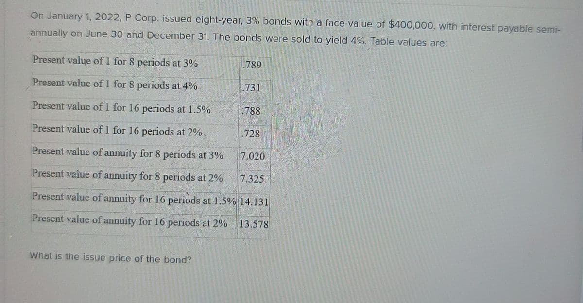 On January 1, 2022, P Corp. issued eight-year, 3% bonds with a face value of $400,000, with interest payable semi-
annually on June 30 and December 31. The bonds were sold to yield 4%. Table values are:
Present value of 1 for 8 periods at 3%
.789
Present value of 1 for 8 periods at 4%
731
Present value of 1 for 16 periods at 1.5%
788
Present value of 1 for 16 periods at 2%
.728
Present value of annuity for 8 periods at 3%
Present value of annuity for 8 periods at 2%
7.020
7.325
Present value of annuity for 16 periods at 1.5% 14.131
Present value of annuity for 16 periods at 2% 13.578
What is the issue price of the bond?