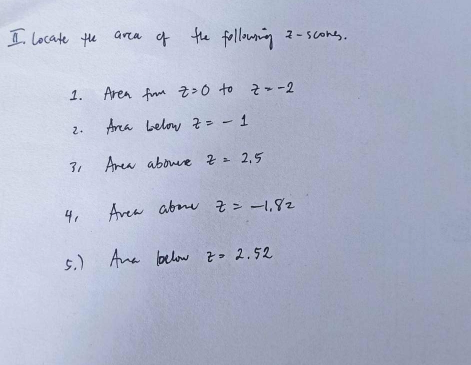 I. Locate the
1.
2.
31
41
area of the following
Z-scone.
Area fum 20 to z=-2
Area below z = - 1
Area abouere z = 2.5
Avea abone z = -1,82
5.) Ana Hollow z= 2.52