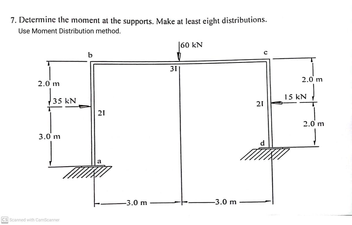 7. Determine the moment at the supports. Make at least eight distributions.
Use Moment Distribution method.
2.0 m
35 kN
3.0 m
CS Scanned with CamScanner
M
b
21
-3.0 m -
31
60 kN
-3.0 m
21
с
d
///
2.0 m
15 kN
2.0 m