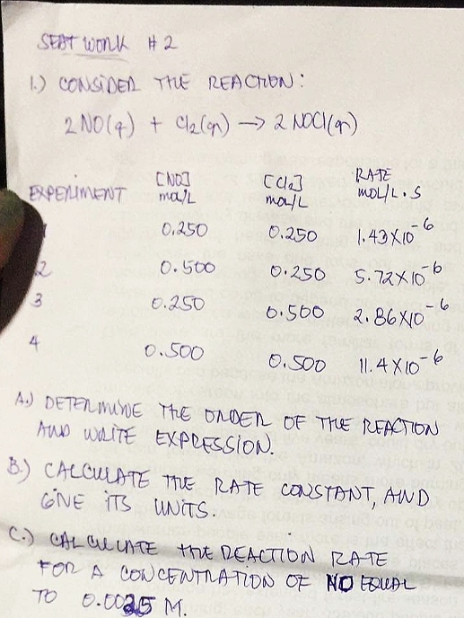 SEBT WORK #2
1.) CONSIDER THE REACTION:
2 NO (4) + Cl₂(g) → 2 NOCI (gr)
EXPERIMENT
2
3
CNQ]
ma/L
0.250
0.500
0.250
0.500
[₂]
mol/L
0.250
0.250
6.500
0.500
RATE
MOL/L. S
1.43x10-6
5.72x10-6
2.86x10
11.4X10-6
-6
A DETERMINE THE ONDER OF THE REACTION
AND WAITE EXPRESSION.
B.) CALCULATE THE RATE CONSTANT, AND
GNE ITS UNITS.
CALCULATE THE REACTION RATE
FOR A CONCENTRATION OF NO FQUAL
TO 0.0025 M.