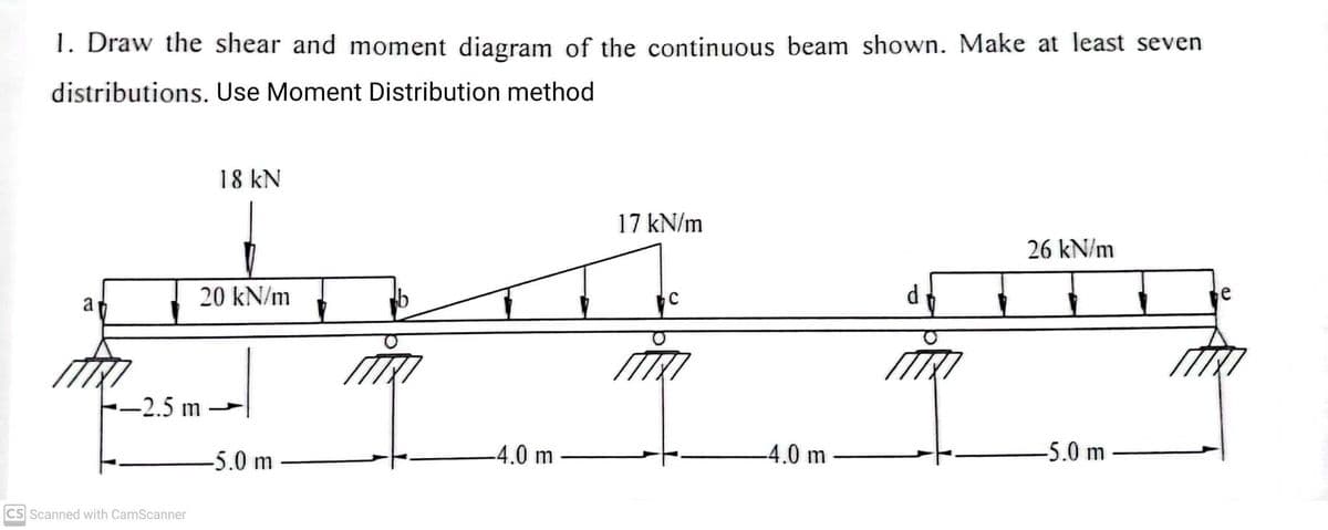 1. Draw the shear and moment diagram of the continuous beam shown. Make at least seven
distributions.
Use Moment Distribution method
a
-2.5 m
CS Scanned with CamScanner
18 kN
20 kN/m
-5.0 m
-4.0 m
17 kN/m
C
-4.0 m
d
26 kN/m
-5.0 m-
e