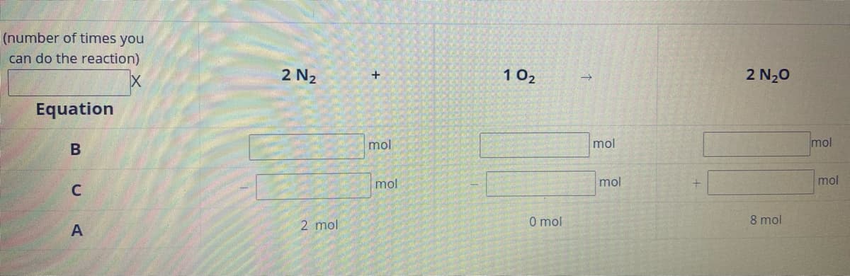 (number of times you
can do the reaction)
2 N2
102
2 N20
Equation
mol
mol
mol
mol
mol
mol
2 mol
0 mol
8 mol
A
+
