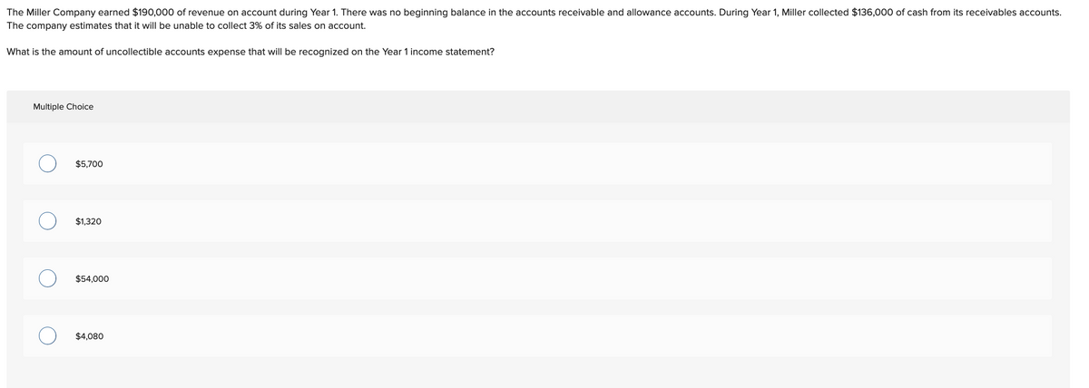 The Miller Company earned $190,000 of revenue on account during Year 1. There was no beginning balance in the accounts receivable and allowance accounts. During Year 1, Miller collected $136,000 of cash from its receivables accounts.
The company estimates that it will be unable to collect 3% of its sales on account.
What is the amount of uncollectible accounts expense that will be recognized on the Year 1 income statement?
Multiple Choice
$5,700
$1,320
$54,000
$4,080