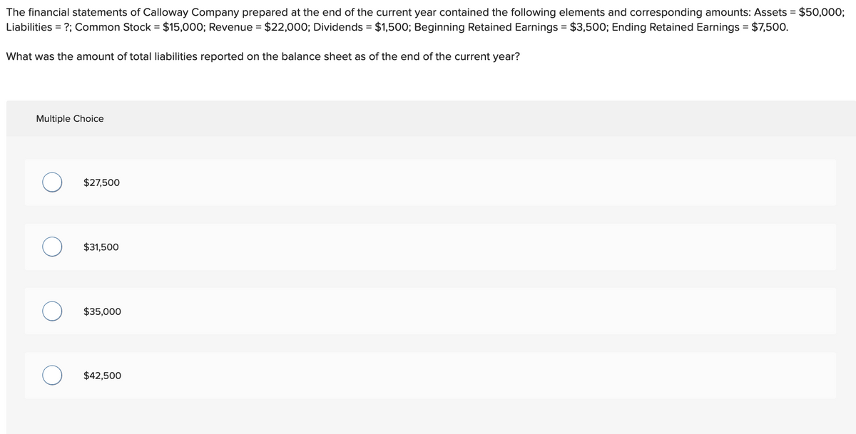 The financial statements of Calloway Company prepared at the end of the current year contained the following elements and corresponding amounts: Assets = $50,000;
Liabilities = ?; Common Stock = $15,000; Revenue = $22,000; Dividends = $1,500; Beginning Retained Earnings = $3,500; Ending Retained Earnings = $7,500.
What was the amount of total liabilities reported on the balance sheet as of the end of the current year?
Multiple Choice
$27,500
$31,500
$35,000
$42,500