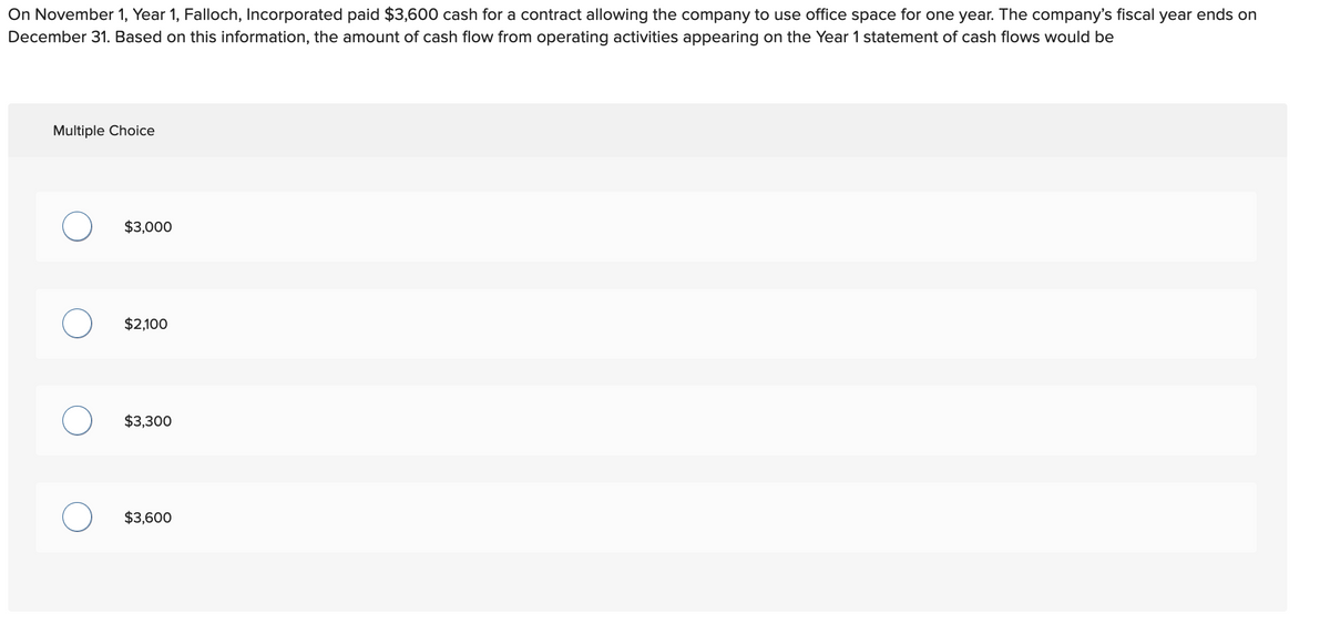 On November 1, Year 1, Falloch, Incorporated paid $3,600 cash for a contract allowing the company to use office space for one year. The company's fiscal year ends on
December 31. Based on this information, the amount of cash flow from operating activities appearing on the Year 1 statement of cash flows would be
Multiple Choice
O
O
$3,000
$2,100
$3,300
$3,600