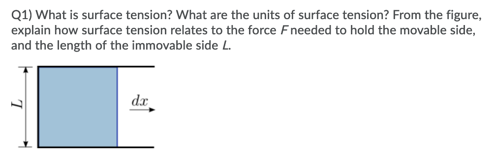 Q1) What is surface tension? What are the units of surface tension? From the figure,
explain how surface tension relates to the force Fneeded to hold the movable side,
and the length of the immovable side L.
d.x
