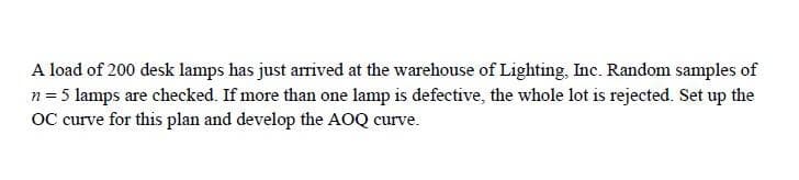 A load of 200 desk lamps has just arrived at the warehouse of Lighting, Inc. Random samples of
n= 5 lamps are checked. If more than one lamp is defective, the whole lot is rejected. Set up the
OC curve for this plan and develop the AOQ curve.
