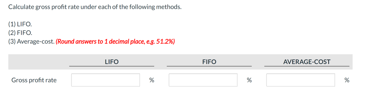 Calculate gross profit rate under each of the following methods.
(1) LIFO.
(2) FIFO.
(3) Average-cost. (Round answers to 1 decimal place, e.g. 51.2%)
Gross profit rate
LIFO
%
FIFO
%
AVERAGE-COST
%