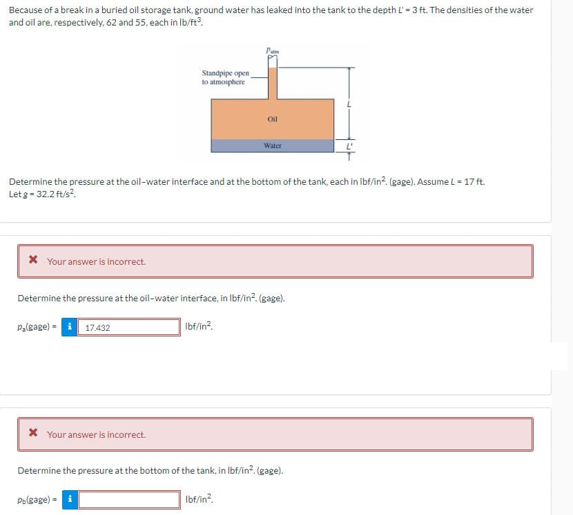 Because of a break in a buried oil storage tank, ground water has leaked into the tank to the depth L' = 3 ft. The densities of the water
and oil are, respectively, 62 and 55, each in lb/ft³.
* Your answer is incorrect.
P₂(gage) = i
Determine the pressure at the oil-water interface and at the bottom of the tank, each in lbf/in². (gage). Assume L = 17 ft.
Let g = 32.2 ft/s².
Standpipe open
to atmosphere
17.432
* Your answer is incorrect.
Determine the pressure at the oil-water interface, in lbf/in². (gage).
Pb(gage) = i
Pam
Oil
lbf/in².
Water
Determine the pressure at the bottom of the tank, in lbf/in². (gage).
lbf/in².