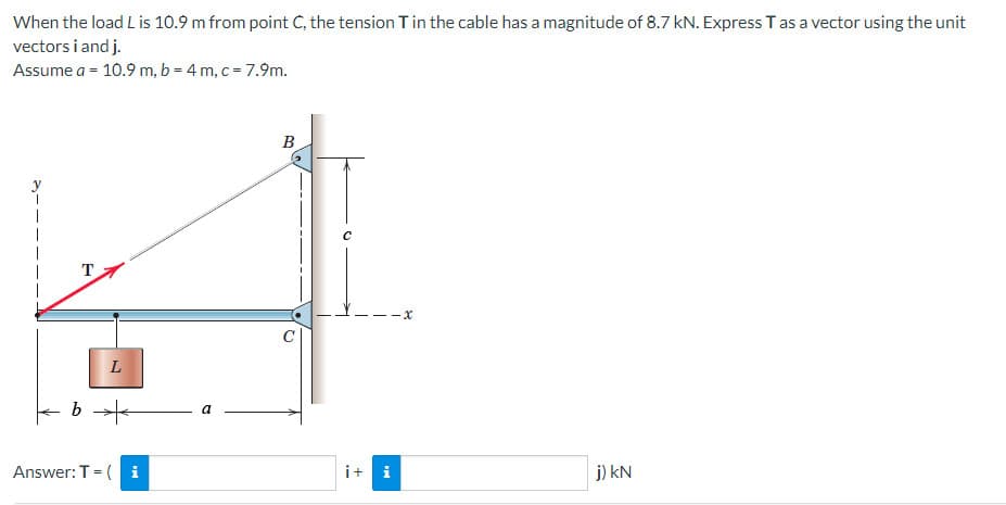 When the load L is 10.9 m from point C, the tension T in the cable has a magnitude of 8.7 kN. Express T as a vector using the unit
vectors i and j.
Assume a = 10.9 m, b = 4 m, c = 7.9m.
1
L
b +
Answer: T = (i
B
it i
x
j) kN