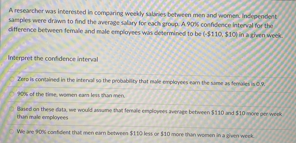 A researcher was interested in comparing weekly salaries between men and women. Independent
samples were drawn to find the average salary for each group. A 90% confidence interval for the
difference between female and male employees was determined to be (-$110, $10) in a given week.
Interpret the confidence interval
Zero is contained in the interval so the probability that male employees earn the same as females is 0.9.
90% of the time, women earn less than men.
ore per
ek
Based on these data, we would assume that female employees average between $110 and $10
than male employees
O We are 90% confident that men earn between $110 less or $10 more than women in a given week.