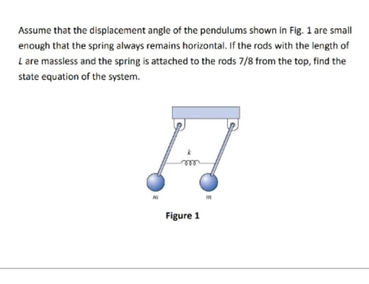 Assume that the displacement angle of the pendulums shown in Fig. 1 are small
enough that the spring always remains horizontal. If the rods with the length of
L are massless and the spring is attached to the rods 7/8 from the top, find the
state equation of the system.
m
Figure 1