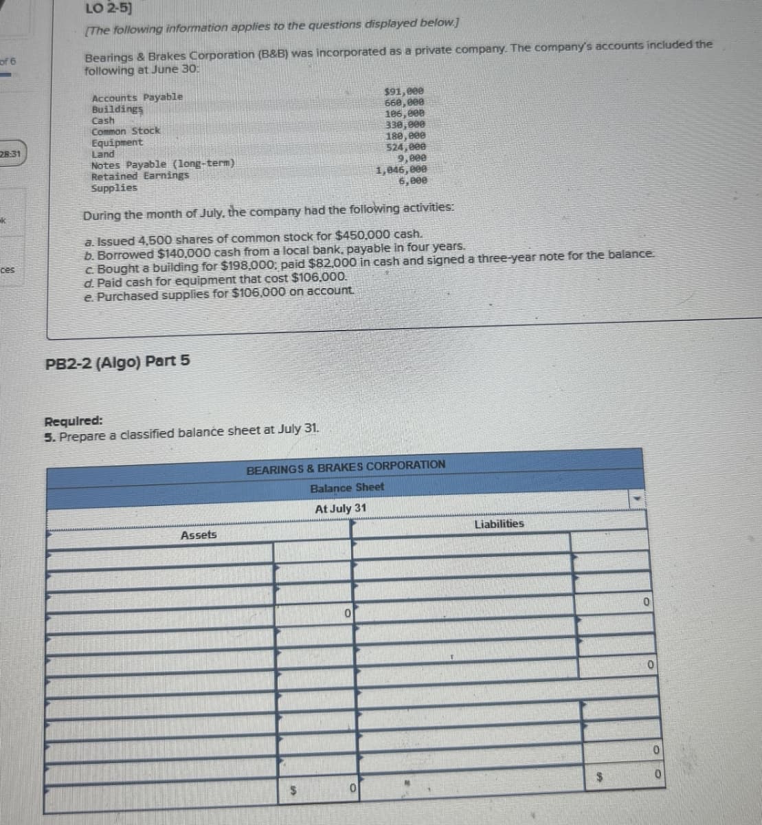 of 6
28:31
LO 2-5]
[The following information applies to the questions displayed below.]
Bearings & Brakes Corporation (B&B) was incorporated as a private company. The company's accounts included the
following at June 30:
Accounts Payable
Buildings
Cash
Common Stock
Equipment
Land
Notes Payable (long-term)
$91,000
660,000
106,000
330,000
180,000
524,000
9,800
1,046,000
6,000
ces
Retained Earnings
Supplies
During the month of July, the company had the following activities:
a. Issued 4,500 shares of common stock for $450,000 cash.
b. Borrowed $140,000 cash from a local bank, payable in four years.
c. Bought a building for $198,000; paid $82,000 in cash and signed a three-year note for the balance.
d. Paid cash for equipment that cost $106,000.
e. Purchased supplies for $106,000 on account.
PB2-2 (Algo) Part 5
Required:
5. Prepare a classified balance sheet at July 31.
BEARINGS & BRAKES CORPORATION
Assets
Balance Sheet
At July 31
0
Liabilities
0
0
0
$
0