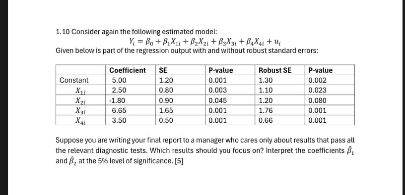 1.10 Consider again the following estimated model:
Y = Bo+B+Bzxzi+B3x3i+ẞ4x4i + U₁
Given below is part of the regression output with and without robust standard errors:
Coefficient
SE
P-value
Robust SE
P-value
Constant
5.00
1.20
0.001
1.30
0.002
2.50
0.80
0.003
1.10
0.023
X21
-1.80
0.90
0.045
1.20
0.080
X31
6.65
1.65
0.001
1.76
0.001
X4i
3.50
0.50
0.001
0.66
0.001
Suppose you are writing your final report to a manager who cares only about results that pass all
the relevant diagnostic tests. Which results should you focus on? Interpret the coefficients ẞ₁
and ẞ2 at the 5% level of significance. [5]