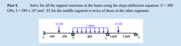 Part I.
Solve for all the support reactions in the beam using the slope-deflection equation. E = 200
GPa, I = 390 x 10° mm“. El for the middle segment is twice of those in the other segments.
10 kN
20 kN
3 kN/m
2m
2m
B
4m
1.5m
1.5m
D
