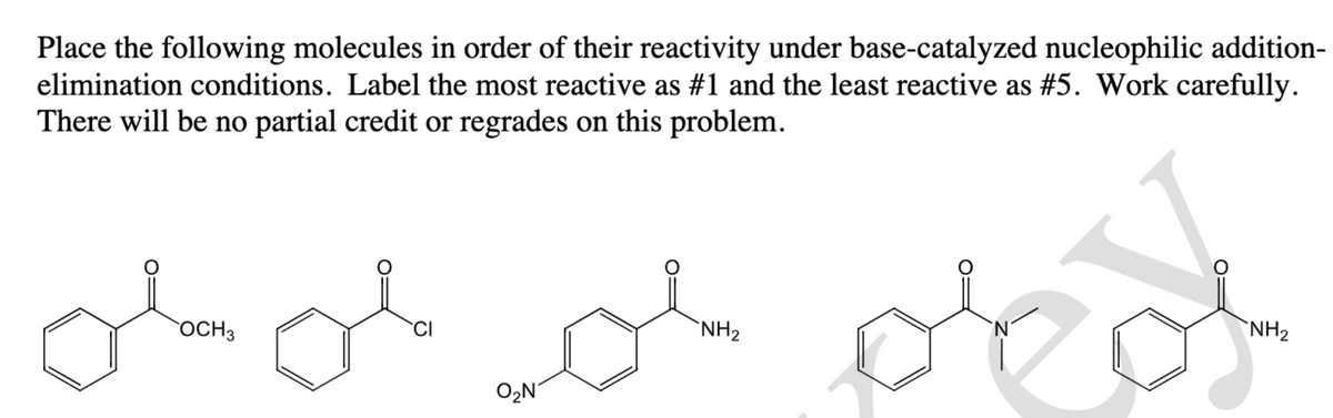 Place the following molecules in order of their reactivity under base-catalyzed nucleophilic addition-
elimination conditions. Label the most reactive as #1 and the least reactive as #5. Work carefully.
There will be no partial credit or regrades on this problem.
OCH3
CI
'NH2
`N'
NH2
O2N
