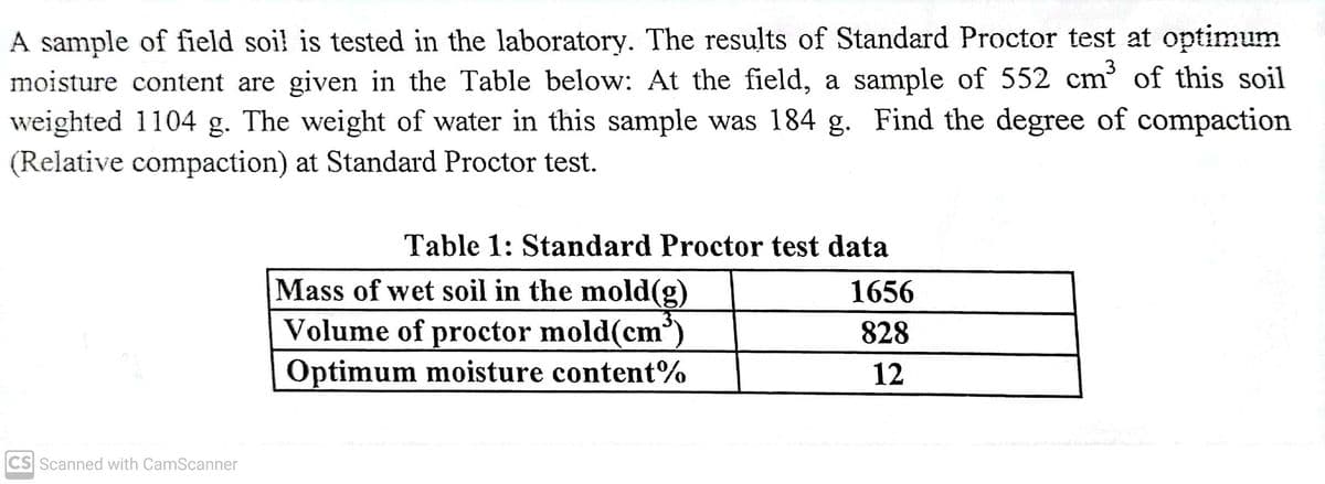 A sample of field soil is tested in the laboratory. The results of Standard Proctor test at optimum
moisture content are given in the Table below: At the field, a sample of 552 cm' of this soil
weighted 1104 g. The weight of water in this sample was 184 g. Find the degree of compaction
(Relative compaction) at Standard Proctor test.
Table 1: Standard Proctor test data
Mass of wet soil in the mold(g)
Volume of proctor mold(cm°)
Optimum moisture content%
1656
828
12
CS Scanned with CamScanner
