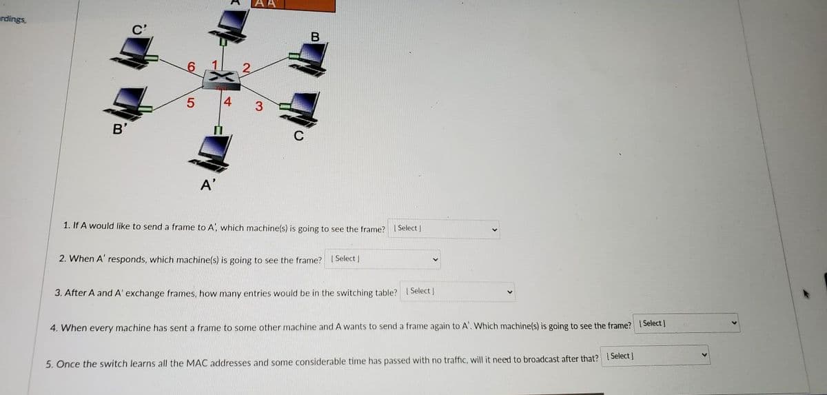 -rdings,
B'
C'
5
A'
4
LAA
B
1. If A would like to send a frame to A, which machine(s) is going to see the frame? | Select]
2. When A' responds, which machine(s) is going to see the frame? Select]
3. After A and A' exchange frames, how many entries would be in the switching table? [Select]
4. When every machine has sent a frame to some other machine and A wants to send a frame again to A'. Which machine(s) is going to see the frame? [Select]
5. Once the switch learns all the MAC addresses and some considerable time has passed with no traffic, will it need to broadcast after that? [Select]