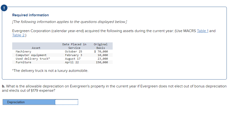 Required information
[The following information applies to the questions displayed below.]
Evergreen Corporation (calendar year-end) acquired the following assets during the current year: (Use MACRS Table 1 and
Table 2.)
Asset
Machinery
Computer equipment
Used delivery truck*
Furniture
Date Placed in
Service
October 25
February 3
August 17
April 22
*The delivery truck is not a luxury automobile.
Depreciation
Original
Basis
$ 70,000
10,000
23,000
150,000
b. What is the allowable depreciation on Evergreen's property in the current year if Evergreen does not elect out of bonus depreciation
and elects out of §179 expense?