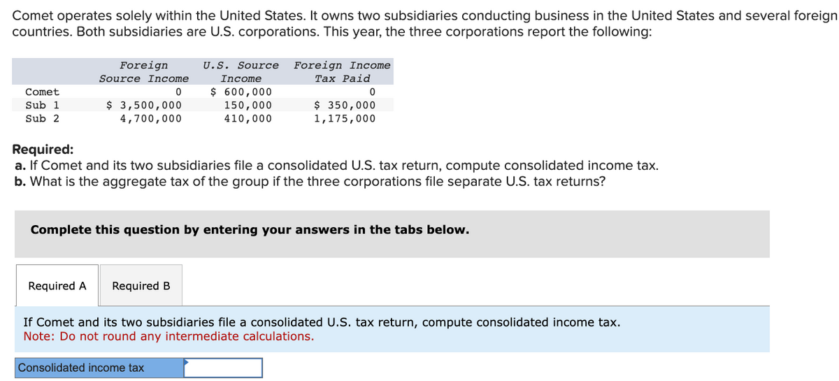 Comet operates solely within the United States. It owns two subsidiaries conducting business in the United States and several foreign
countries. Both subsidiaries are U.S. corporations. This year, the three corporations report the following:
Comet
Sub 1
Sub 2
Foreign
Source Income
0
$ 3,500,000
4,700,000
U.S. Source Foreign Income
Tax Paid
0
Required A Required B
Income
$ 600,000
150,000
410,000
Required:
a. If Comet and its two subsidiaries file a consolidated U.S. tax return, compute consolidated income tax.
b. What is the aggregate tax of the group if the three corporations file separate U.S. tax returns?
$ 350,000
1,175,000
Complete this question by entering your answers in the tabs below.
Consolidated income tax
If Comet and its two subsidiaries file a consolidated U.S. tax return, compute consolidated income tax.
Note: Do not round any intermediate calculations.