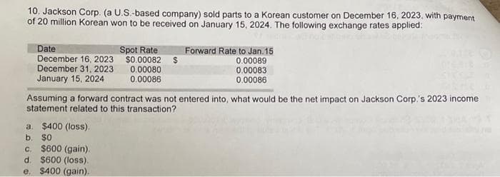 10. Jackson Corp. (a U.S.-based company) sold parts to a Korean customer on December 16, 2023, with payment
of 20 million Korean won to be received on January 15, 2024. The following exchange rates applied:
Date
December 16, 2023
December 31, 2023
January 15, 2024
Spot Rate
$0.00082 $
0.00080
0.00086
a. $400 (loss).
b.
$0
c. $600 (gain).
d. $600 (loss).
e.
$400 (gain).
Forward Rate to Jan. 15
0.00089
0.00083
0.00086
Assuming a forward contract was not entered into, what would be the net impact on Jackson Corp.'s 2023 income
statement related to this transaction?