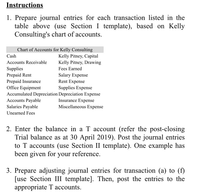 Instructions
1. Prepare journal entries for each transaction listed in the
table above (use Section I template), based on Kelly
Consulting's chart of accounts.
Chart of Accounts for Kelly Consulting
Cash
Kelly Pitney, Capital
Accounts Receivable
Kelly Pitney, Drawing
Supplies
Fees Earned
Prepaid Rent
Prepaid Insurance
Office Equipment
Accumulated Depreciation Depreciation Expense
Accounts Payable
Salaries Payable
Salary Expense
Rent Expense
Supplies Expense
Insurance Expense
Miscellaneous Expense
Unearned Fees
2. Enter the balance in a T account (refer the post-closing
Trial balance as at 30 April 2019). Post the journal entries
to T accounts (use Section II template). One example has
been given for your reference.
3. Prepare adjusting journal entries for transaction (a) to (f)
[use Section III template]. Then, post the entries to the
appropriate T accounts.
