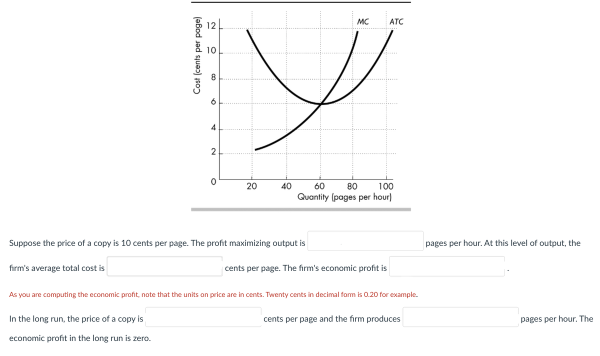 MC
АТС
12
10
8.
2
20
40
60
80
100
Quantity (pages per hour)
Suppose the price of a copy is 10 cents per page. The profit maximizing output is
pages per hour. At this level of output, the
firm's average total cost is
cents per page. The firm's economic profit is
As you are computing the economic profit, note that the units on price are in cents. Twenty cents in decimal form is 0.20 for example.
In the long run, the price of a copy is
cents per page and the firm produces
pages per hour. The
economic profit in the long run is zero.
Cost (cents per page)
4.
