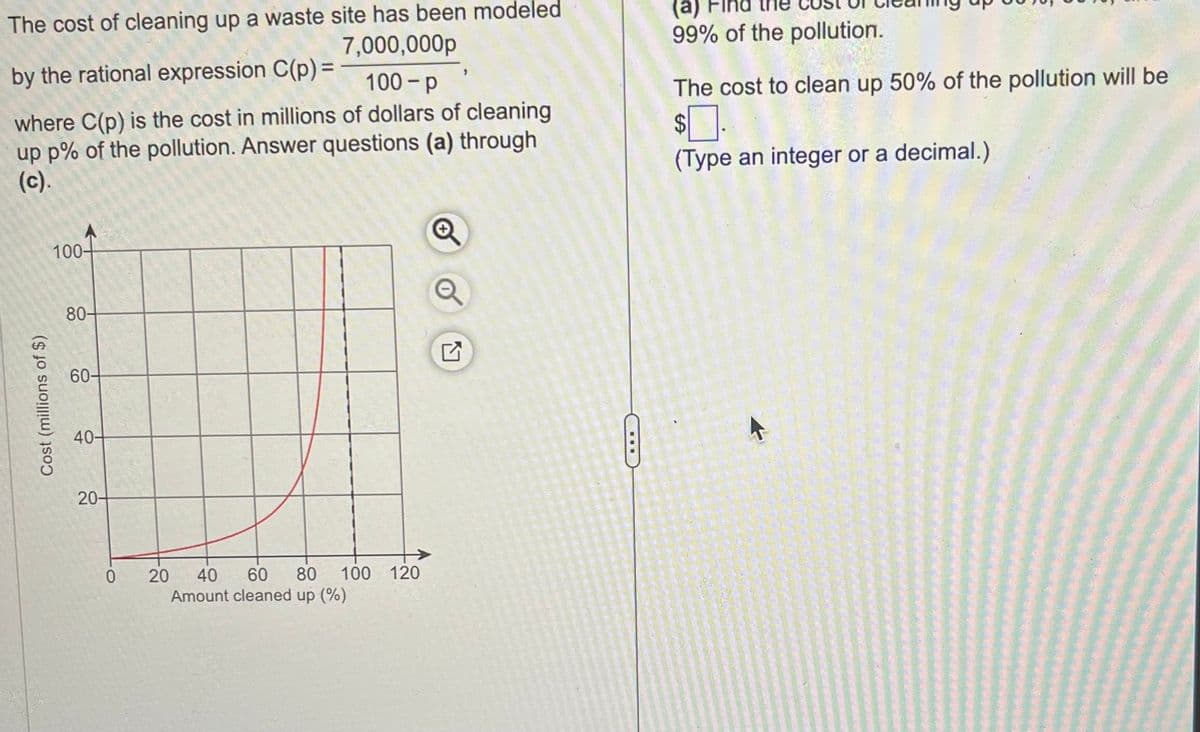 The cost of cleaning up a waste site has been modeled
7,000,000p
100-p
by the rational expression C(p) =
where C(p) is the cost in millions of dollars of cleaning
up p% of the pollution. Answer questions (a) through
(c).
Cost (millions of $)
100+
80-
60-
40-
20+
0
20 40 60 80 100 120
Amount cleaned up (%)
(a)
99% of the pollution.
The cost to clean up 50% of the pollution will be
(Type an integer or a decimal.)