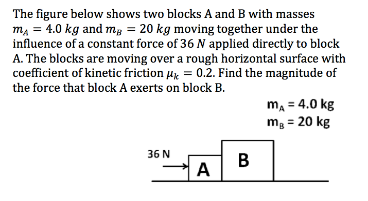 The figure below shows two blocks A and B with masses
ma = 4.0 kg and mg = 20 kg moving together under the
influence of a constant force of 36 N applied directly to block
A. The blocks are moving over a rough horizontal surface with
coefficient of kinetic friction µr = 0.2. Find the magnitude of
the force that block A exerts on block B.
ma = 4.0 kg
m3 = 20 kg
36 N
A
B
