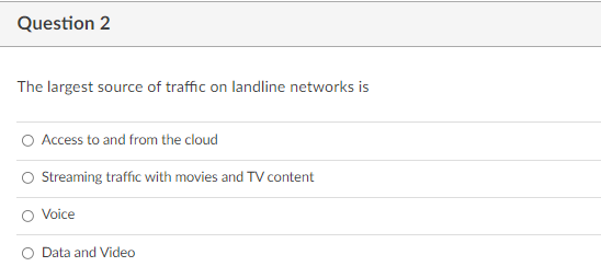 Question 2
The largest source of traffic on landline networks is
Access to and from the cloud
Streaming traffic with movies and TV content
O Voice
O Data and Video
