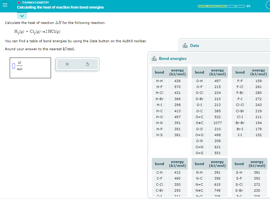 THERMOCHEMISTRY
Calculating the heat of reaction from bond energies
Calculate the heat of reaction AH for the following reaction:
H₂(g) + Cl₂(g) →2 HC1(g)
You can find a table of bond energies by using the Data button on the ALEKS toolbar.
Round your answer to the nearest kJ/mol.
kJ
mol
X
3
olo Bond energies
energy
(kJ/mol)
436
570
431
366
298
413
497
391
51
381
bond
H-H
H-F
H-CI
H-Br
H-I
H-C
H-O
H-N
H-P
H-S
bond
C-H
C-F
C-CI
C-Br
C-T
olo Data
energy
(kJ/mol)
413
460
350
293
211
bond
O-H
O-F
O-CI
O-Br
O-I
O-C
O=C
O=C
0-0
0=0
O-N
O=N
O=S
bond
N-H
N-C
N=C
N=C
N-O
energy
(kJ/mol)
497
215
234
210
213
385
532
1077
498
206
631
551
energy
(kJ/mol)
391
356
615
749
206
bond
F-F
F-CI
F-Br
F-I
cl-cl
Cl-Br
CI-I
Br-Br
r-I
I-I
bond
S-H
S-F
S-CI
S-Br
C_T
3/5
energy
(kJ/mol)
159
261
280
272
243
219
211
194
179
152
energy
(kJ/mol)
381
392
272
230
206