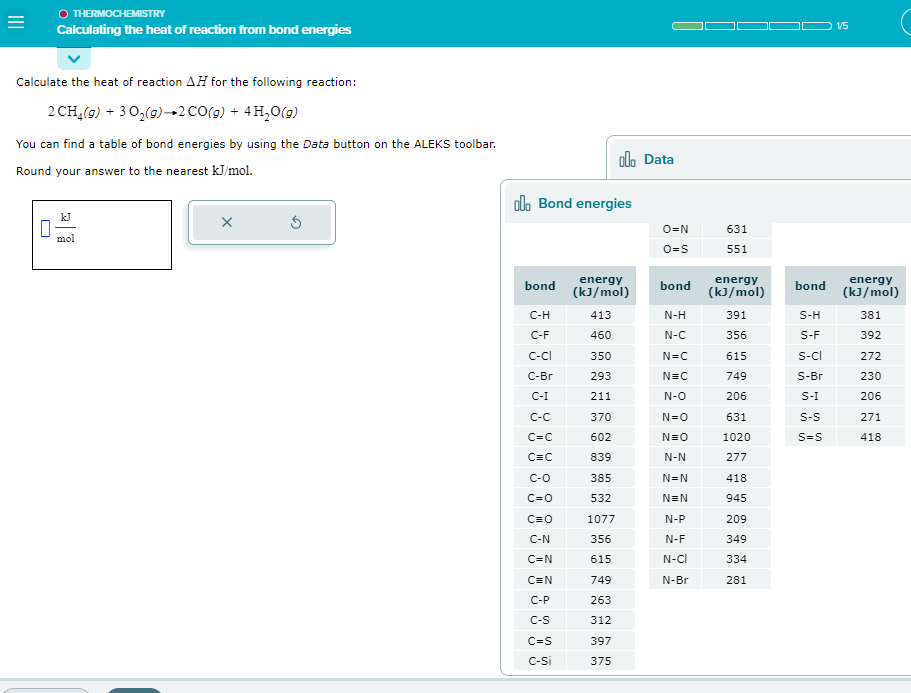 =
○ THERMOCHEMISTRY
Calculating the heat of reaction from bond energies
Calculate the heat of reaction AH for the following reaction:
2 CH₂(g) + 3 O₂(g) → 2 CO(g) + 4H₂O(g)
You can find a table of bond energies by using the Data button on the ALEKS toolbar.
Round your answer to the nearest kJ/mol.
0
mol
X
lo Bond energies
bond
C-H
C-F
C-CI
C-Br
C-I
C-C
C=C
C=C
C-O
C=0
C=0
C-N
C=N
C=N
C-P
C-S
C=S
C-Si
olo Data
energy
(kJ/mol)
413
460
350
293
211
370
602
839
385
532
1077
356
615
749
263
312
397
375
O=N
O=S
bond
N-H
N-C
N=C
N=C
N-O
N=O
N=
N-N
N=N
N=N
N-P
N-F
N-CI
N-Br
631
551
energy
(kJ/mol)
391
356
615
749
206
631
1020
277
418
945
209
349
334
281
bond
S-H
S-F
S-CI
S-Br
S-I
S-S
S=S
1/5
energy
(kJ/mol)
381
392
272
230
206
271