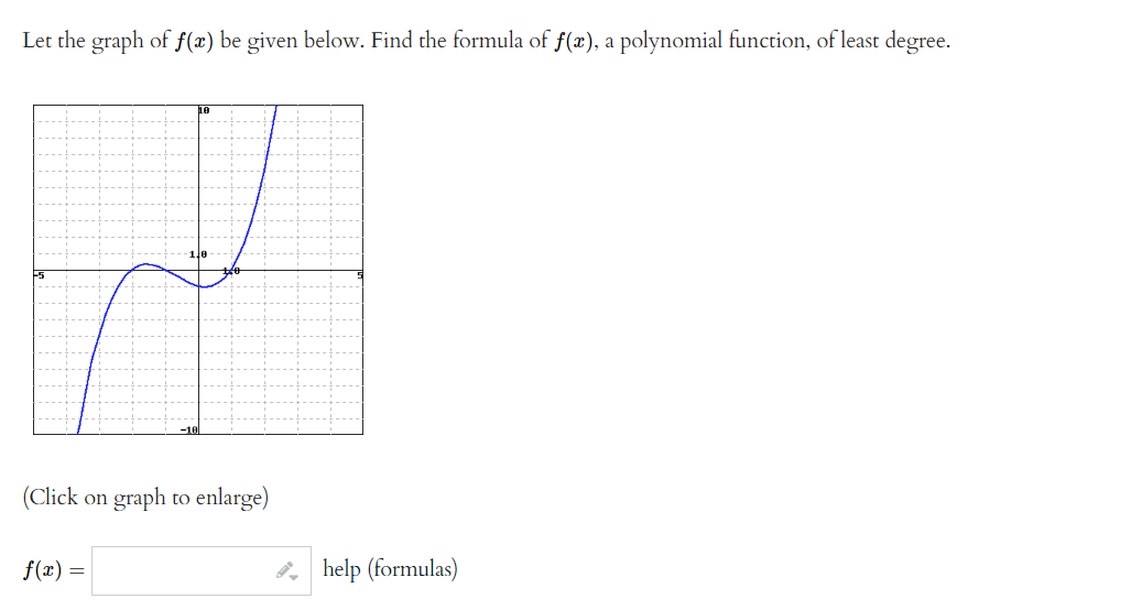 Let the graph of f(x) be given below. Find the formula of f(x), a polynomial function, of least degree.
تیرا
-1/0
(Click on graph to enlarge)
f(x) =
help (formulas)